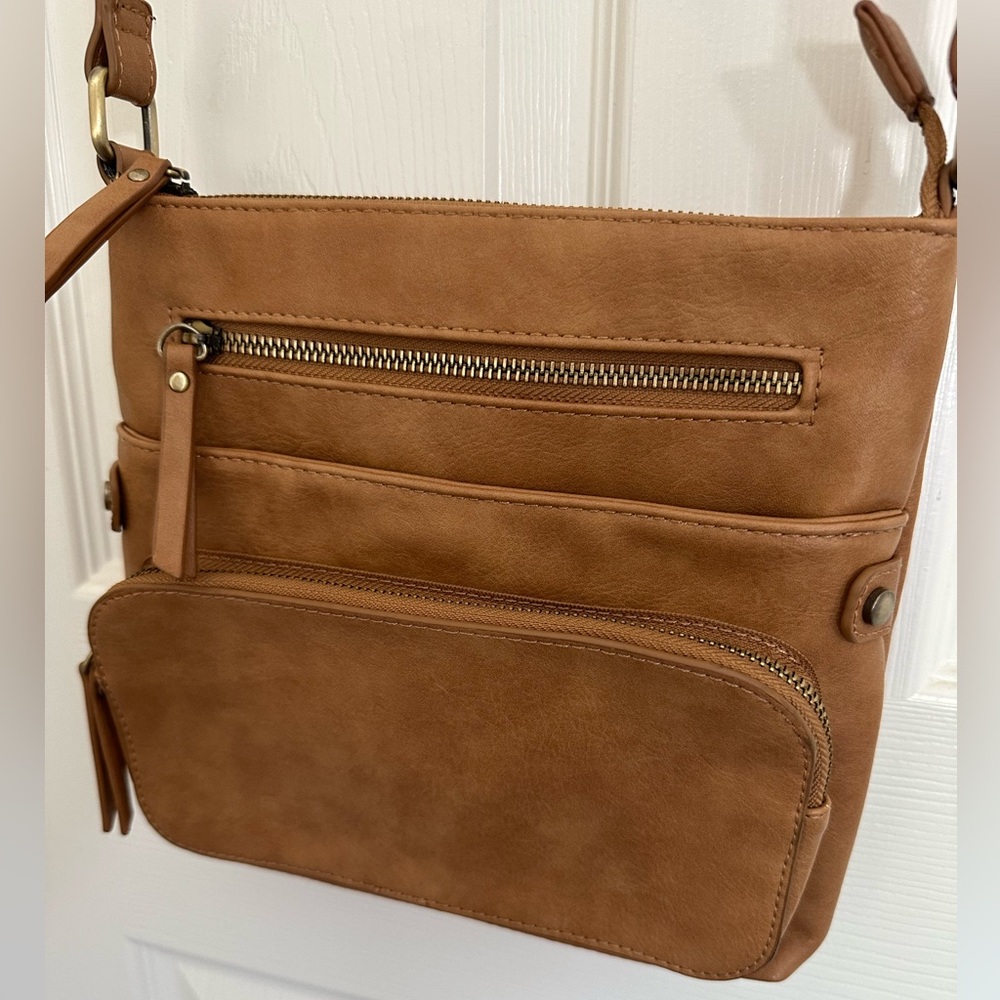 Miztique Tan Crossbody Bag with Front Zip Pockets